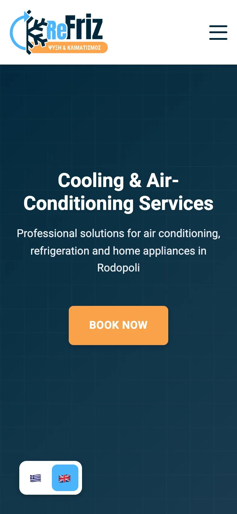 The home page on a phone: the logo and a menu button, the headline "Cooling & Air-Conditioning Services" over two lines, the supporting line over three, the orange "BOOK NOW" button and, at the bottom left, the Greek and British flag switch, all on the navy grid background.