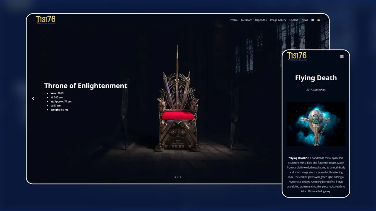 tisi76.com gallery showing 'Throne of Enlightenment' beside a phone with a second piece