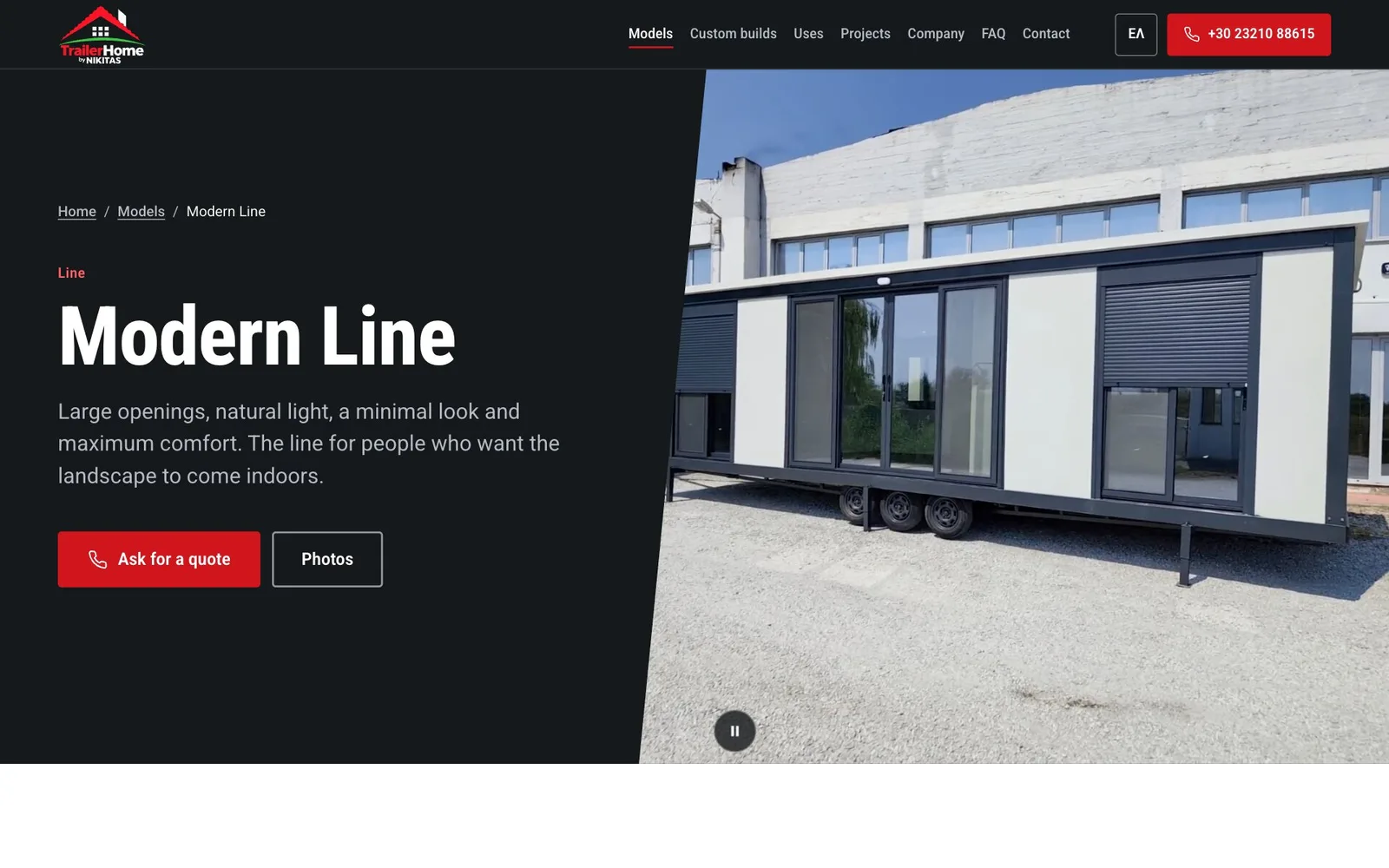 The Modern Line page: a breadcrumb, the line's name and a short description on a dark panel, a red "Ask for a quote" button and an outlined "Photos" button, and beside them a dark-framed unit with white panels and roller shutters on its trailer chassis in a factory yard.