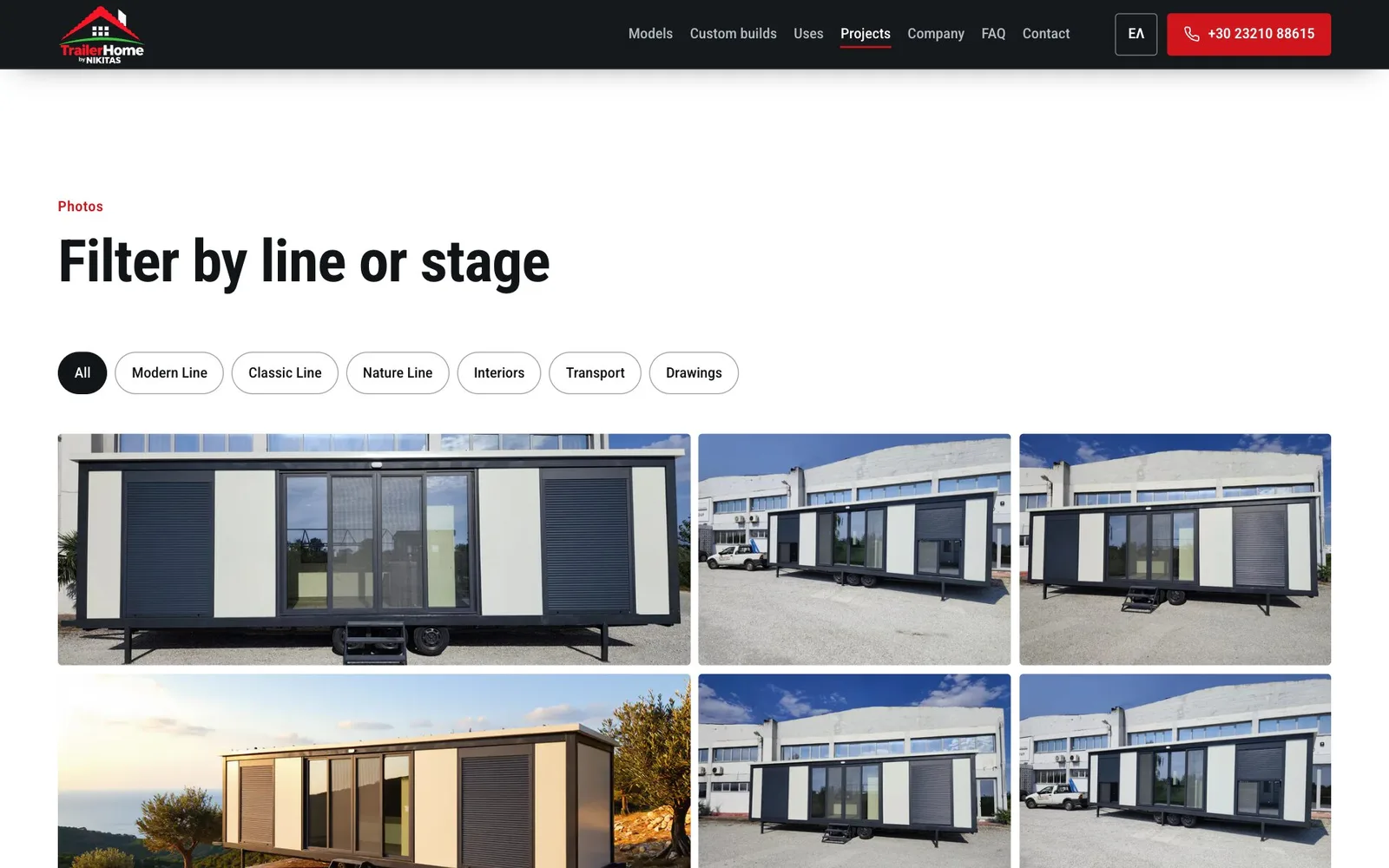 The heading "Filter by line or stage" with filter chips for All, the three lines, Interiors, Transport and Drawings, above a grid of photographs of finished units.