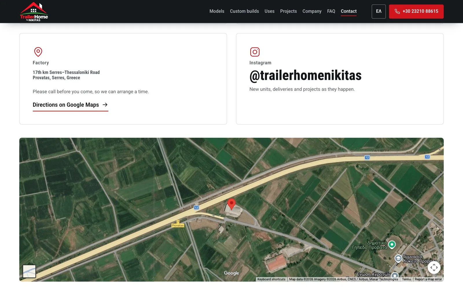 Cards for the factory's address, with a link to directions, and for the company's Instagram account, above a satellite map with a red pin on the factory beside the main road at Provatas.