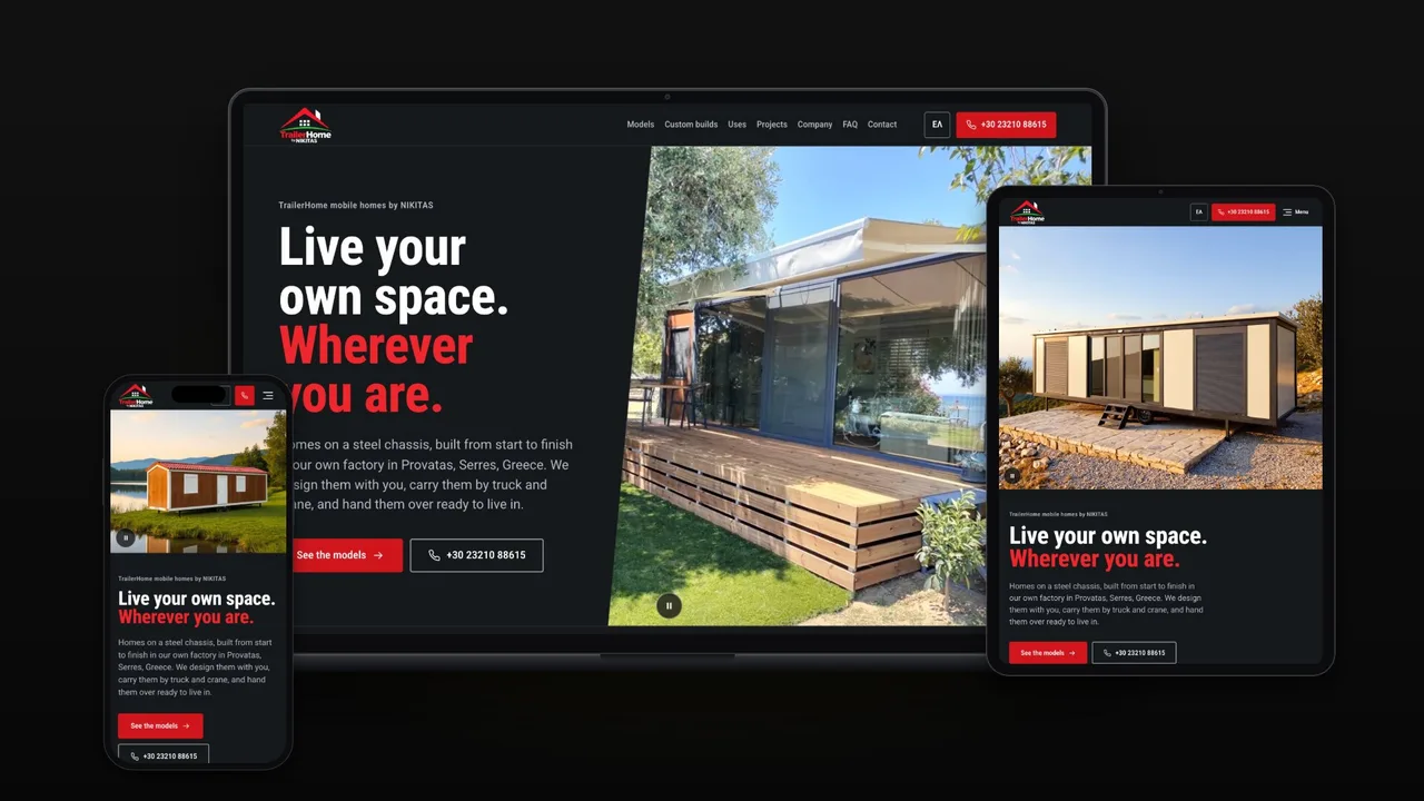 TrailerHome by NIKITAS on a laptop, a tablet and a phone