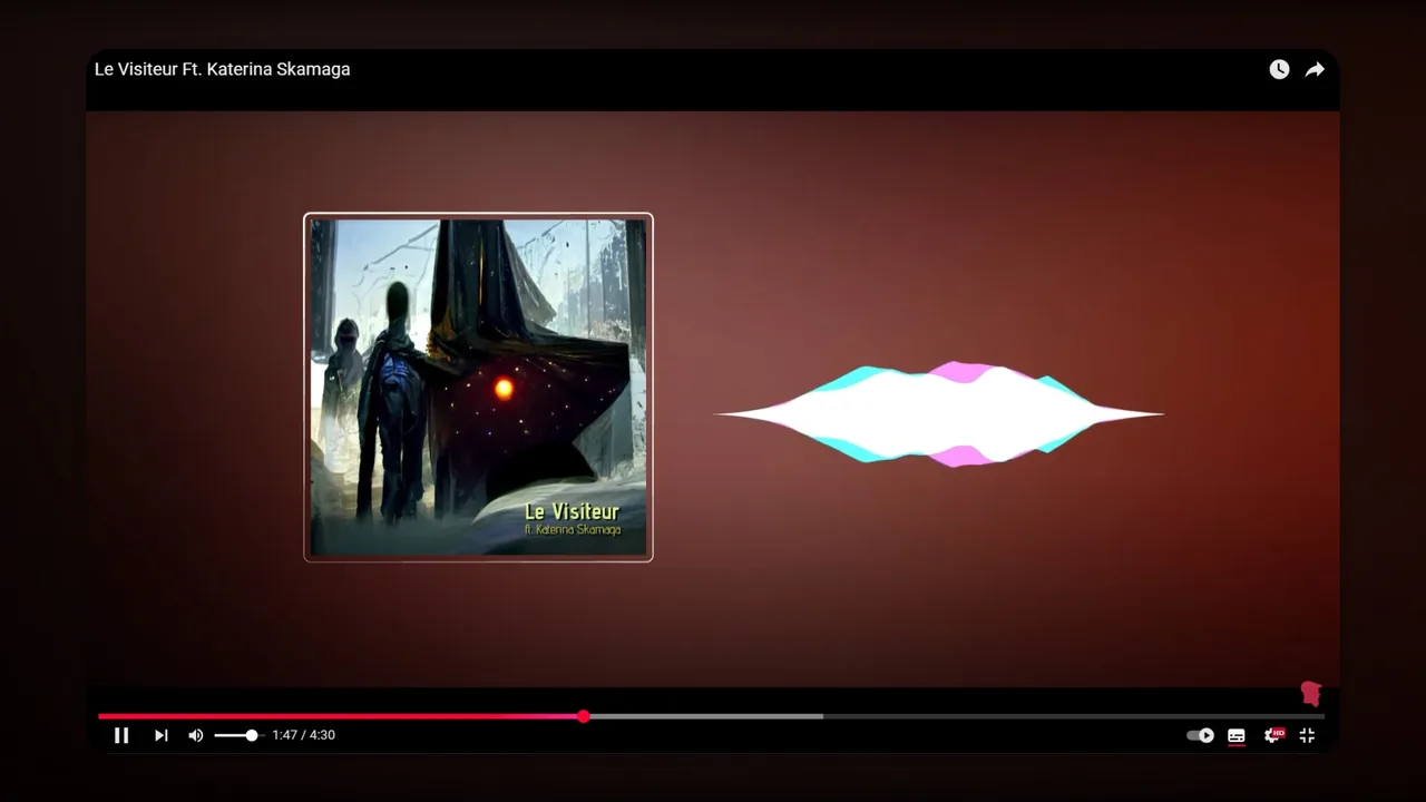 Le Visiteur music video with cover art and a cyan waveform on a rust background